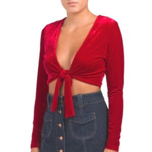 MinkPink Midnight Hour red velvet tie crop top XS